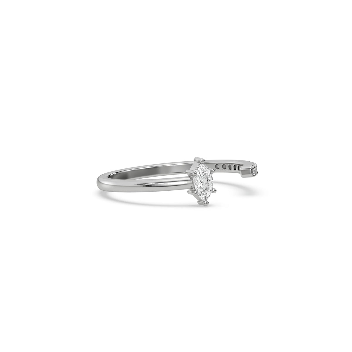 This white gold ring displayed on side view is made with marquise diamond and round diamond set in prong setting 