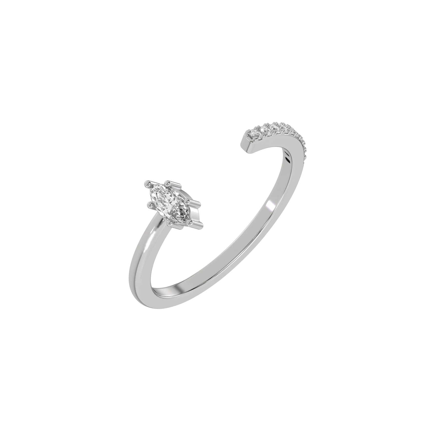 This white gold Open Marquise Diamond ring features an open gap in the center. One side with a 0.15 CT marquise solitaire in a six prong setting, while the other side sparkles with 9 round brilliant-cut diamonds set in a micro-pave setting in 3D view