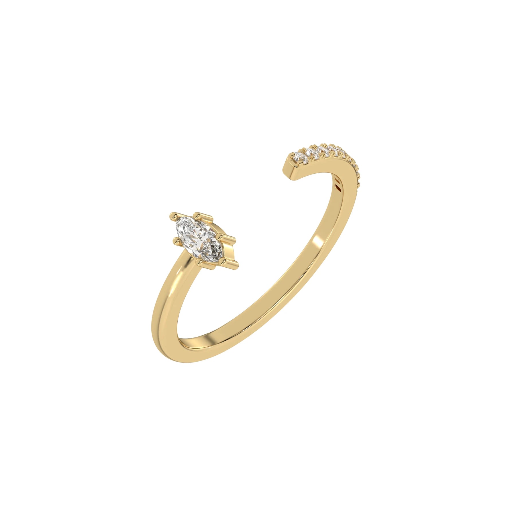 This yellow gold Open Marquise Diamond ring features an open gap in the center. One side with a 0.15 CT marquise solitaire in a six prong setting, while the other side sparkles with 9 round brilliant-cut diamonds set in a micro-pave setting in 3D view