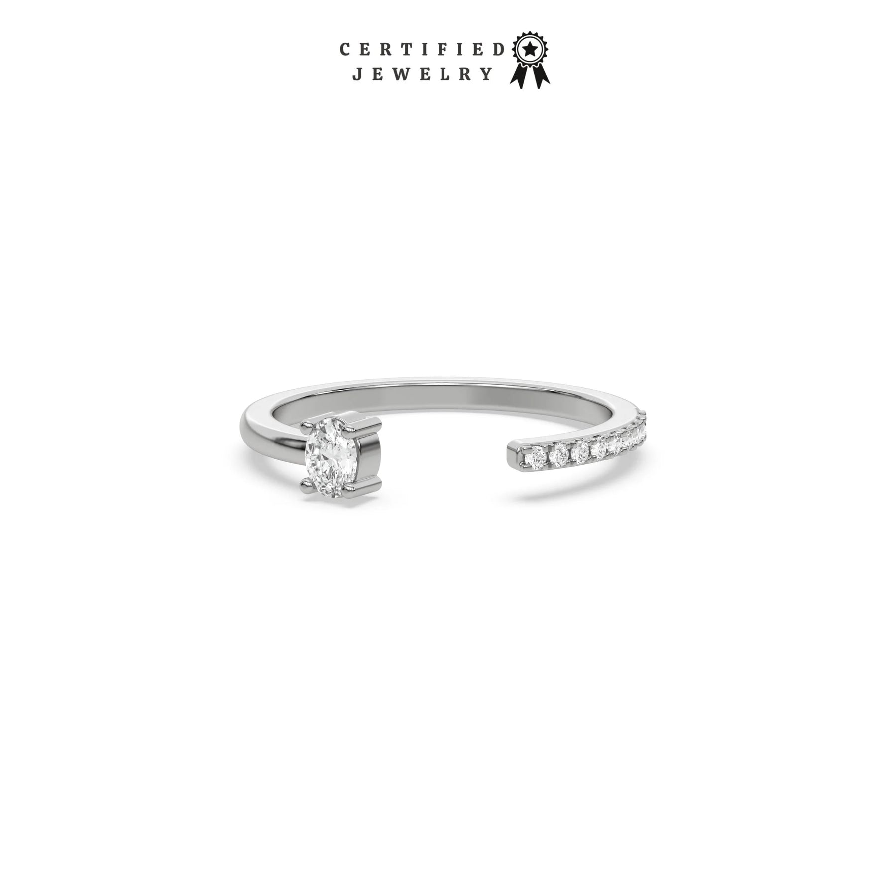 This white gold ring displayed on front view is made with emerald diamond and round diamond set in prong setting 