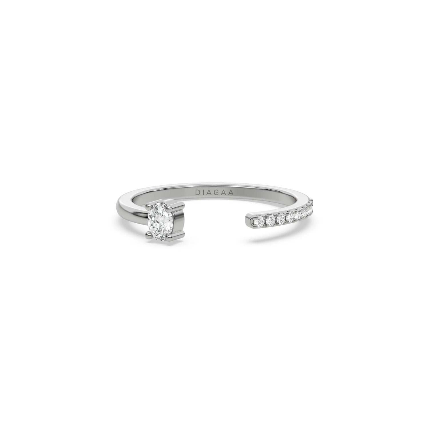  white gold open cuff ring with an oval cut diamond and a sparkling micro pave round cut diamond band.