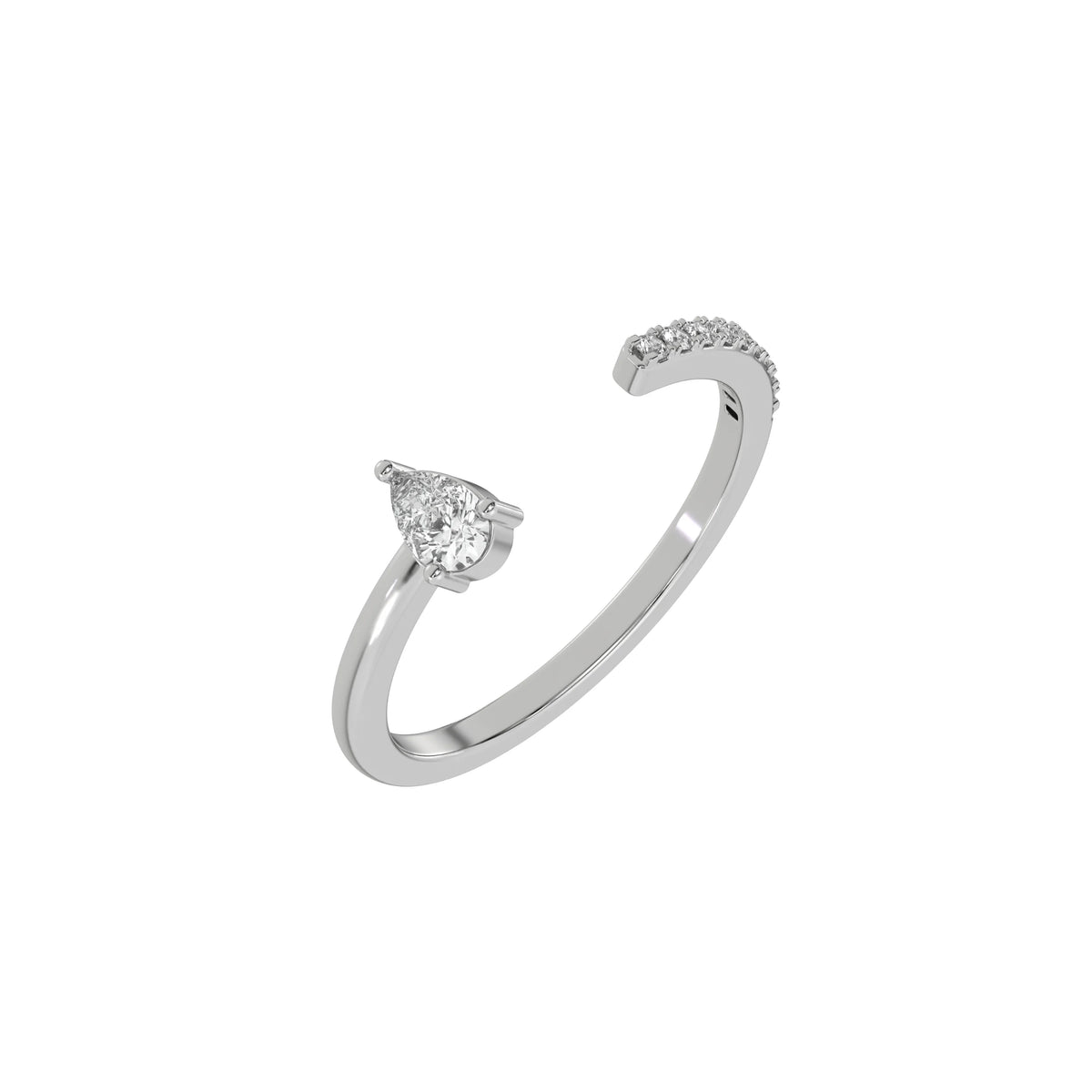 This white gold Open Pear Diamond ring features an open gap in the center. One side with a 0.15 CT pear solitaire in a three prong setting, while the other side sparkles with 9 round brilliant-cut diamonds set in a micro-pave setting in 3D view