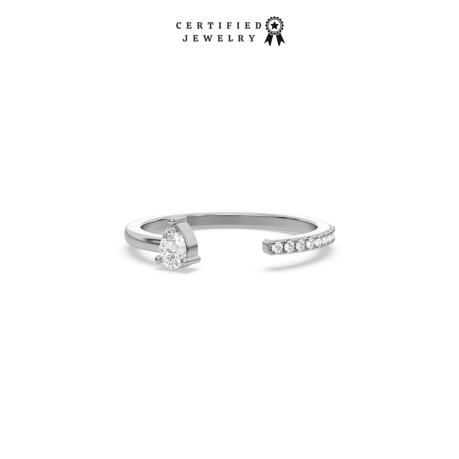 This white gold ring displayed on front view is made with pear diamond and round diamond set in prong setting 