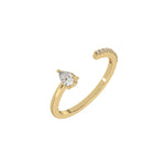 This yellow gold Open Pear Diamond ring features an open gap in the center. One side with a 0.15 CT pear solitaire in a three prong setting, while the other side sparkles with 9 round brilliant-cut diamonds set in a micro-pave setting in 3D view