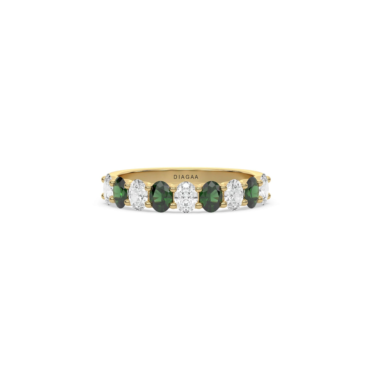 14K Yellow Gold Oval Emerald And Diamond Half Eternity Ring