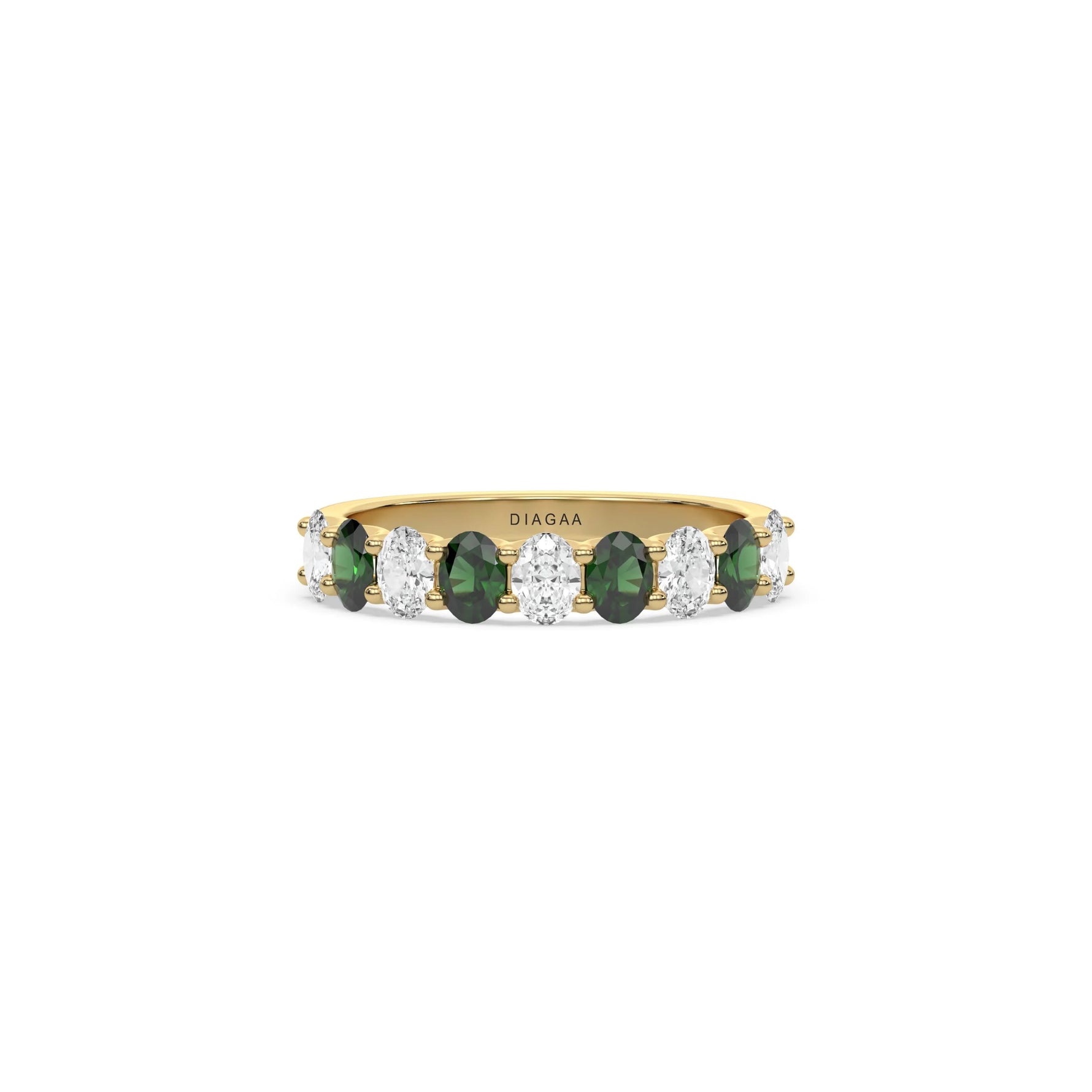 14K Yellow Gold Oval Emerald And Diamond Half Eternity Ring