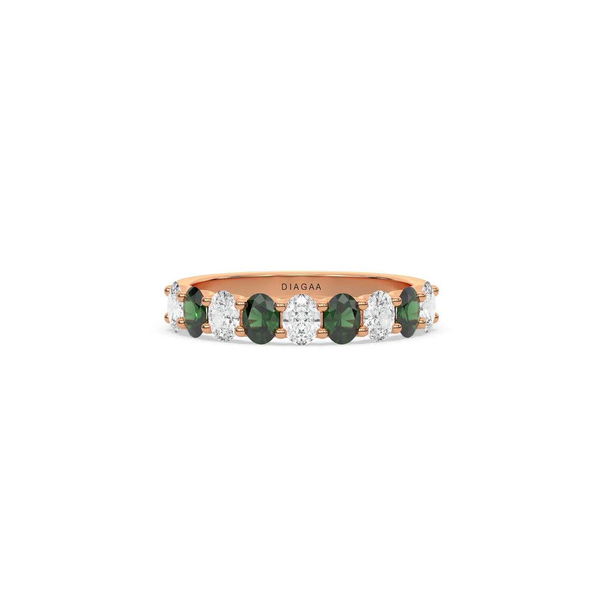 14K Rose Gold Oval Emerald And Diamond Half Eternity Ring