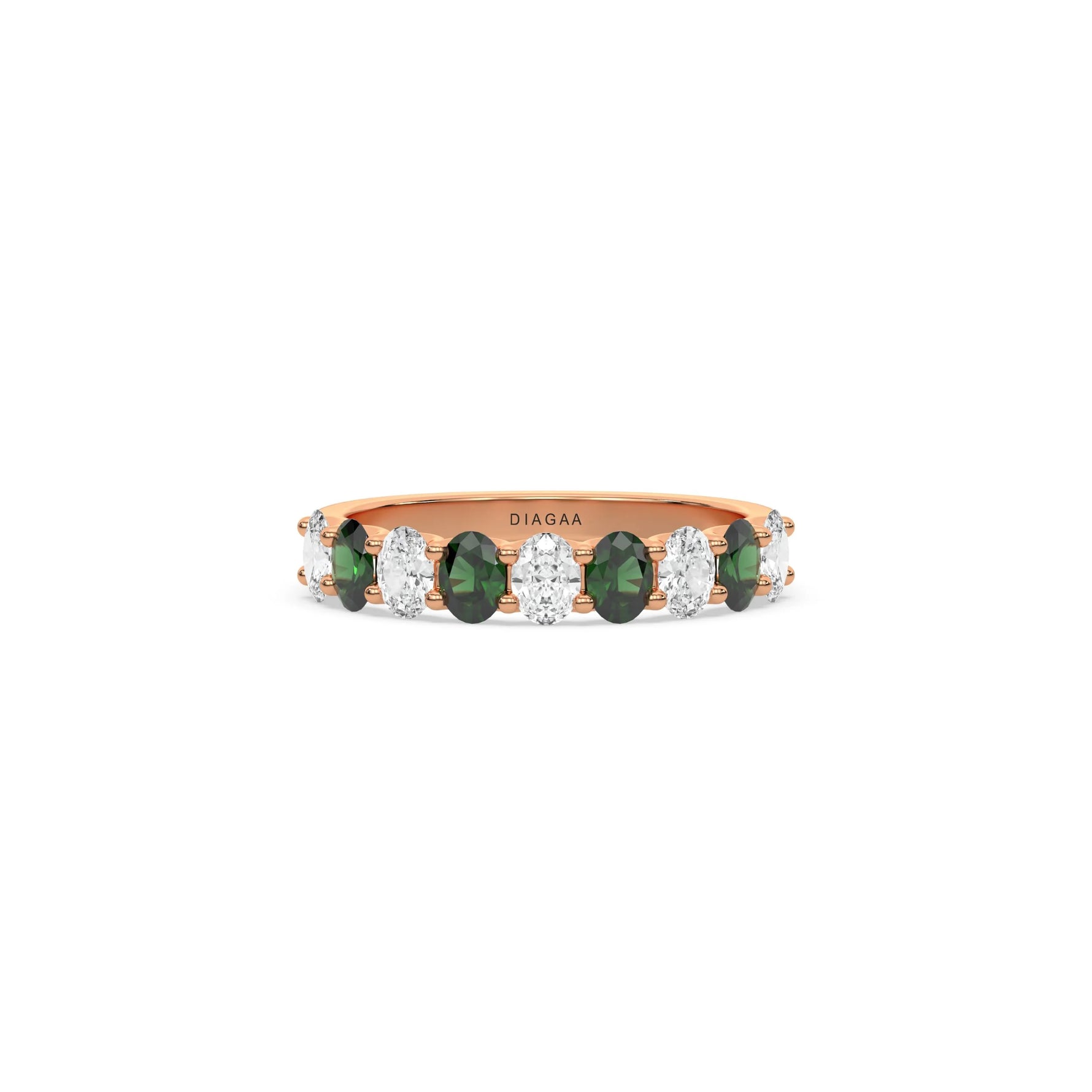 14K Rose Gold Oval Emerald And Diamond Half Eternity Ring