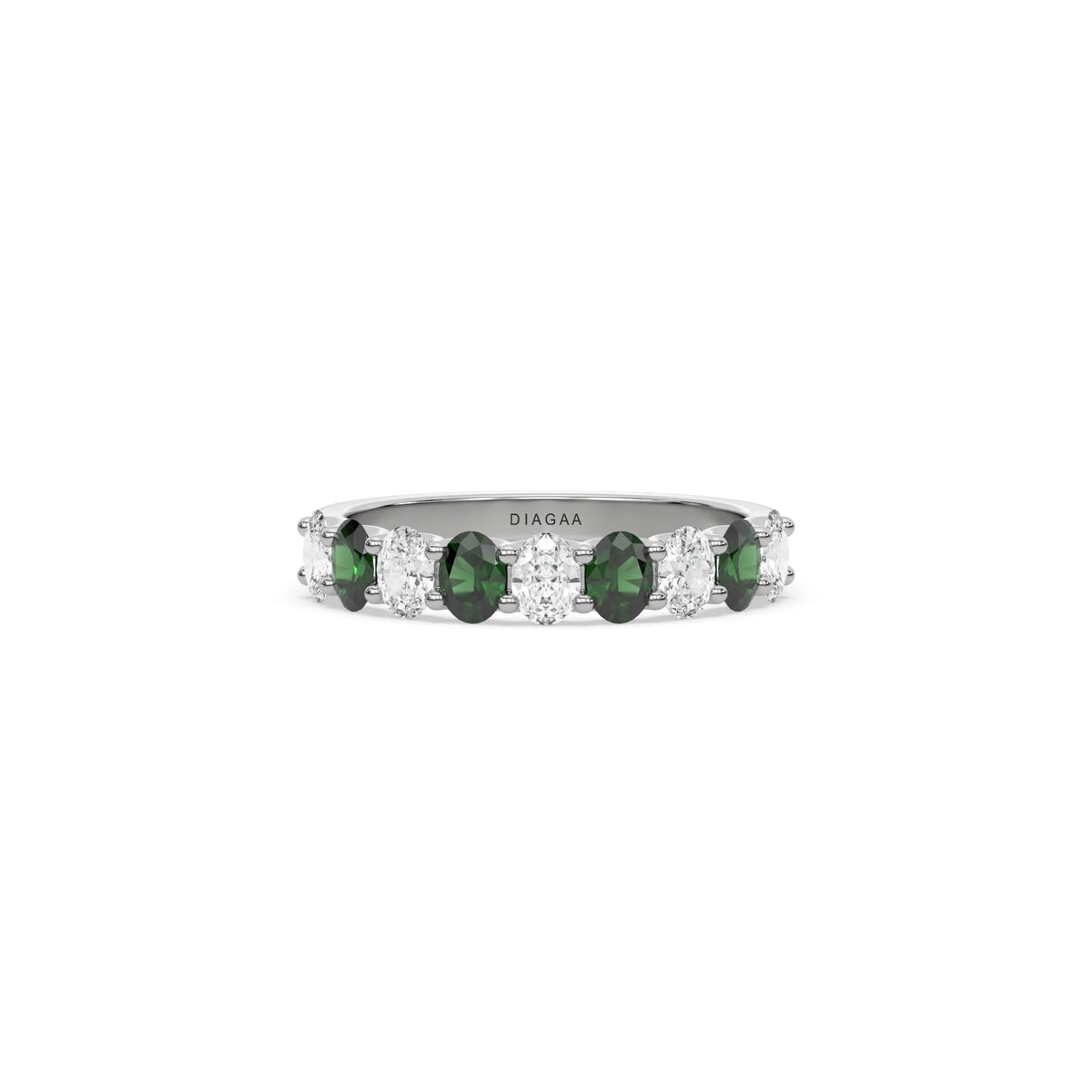 14K White Gold Oval Emerald And Diamond Half Eternity Ring