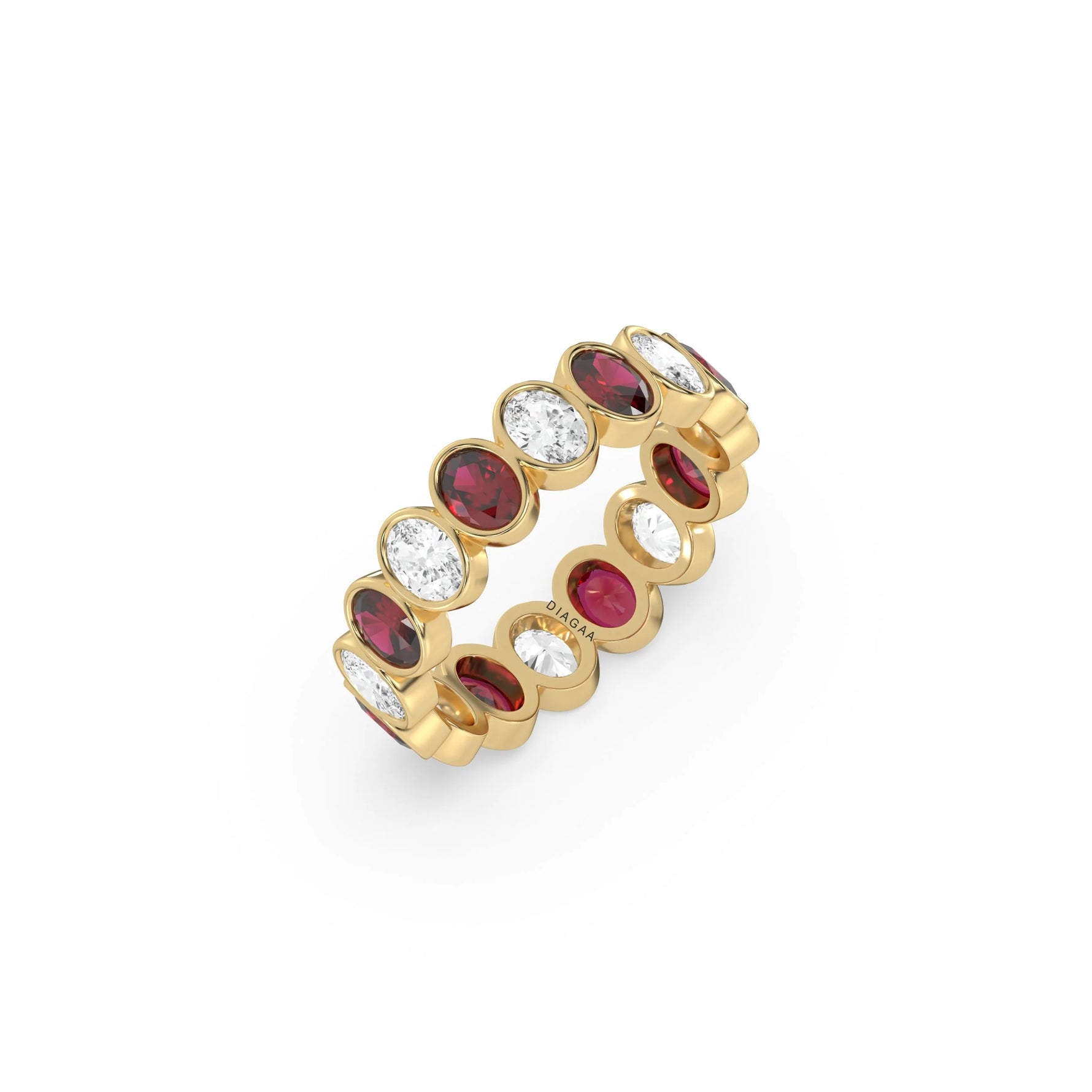 14K Yellow Gold Oval Ruby Gemstone And Diamond Bezel Setting Full Eternity Ring