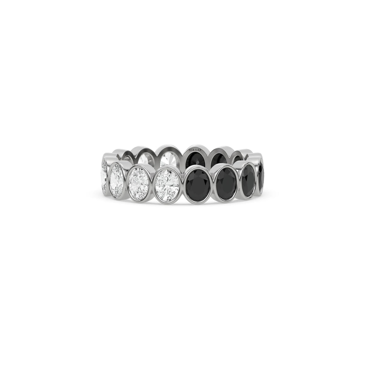 14K White Gold Oval Black And White Diamond Bezel Setting Full Eternity Ring