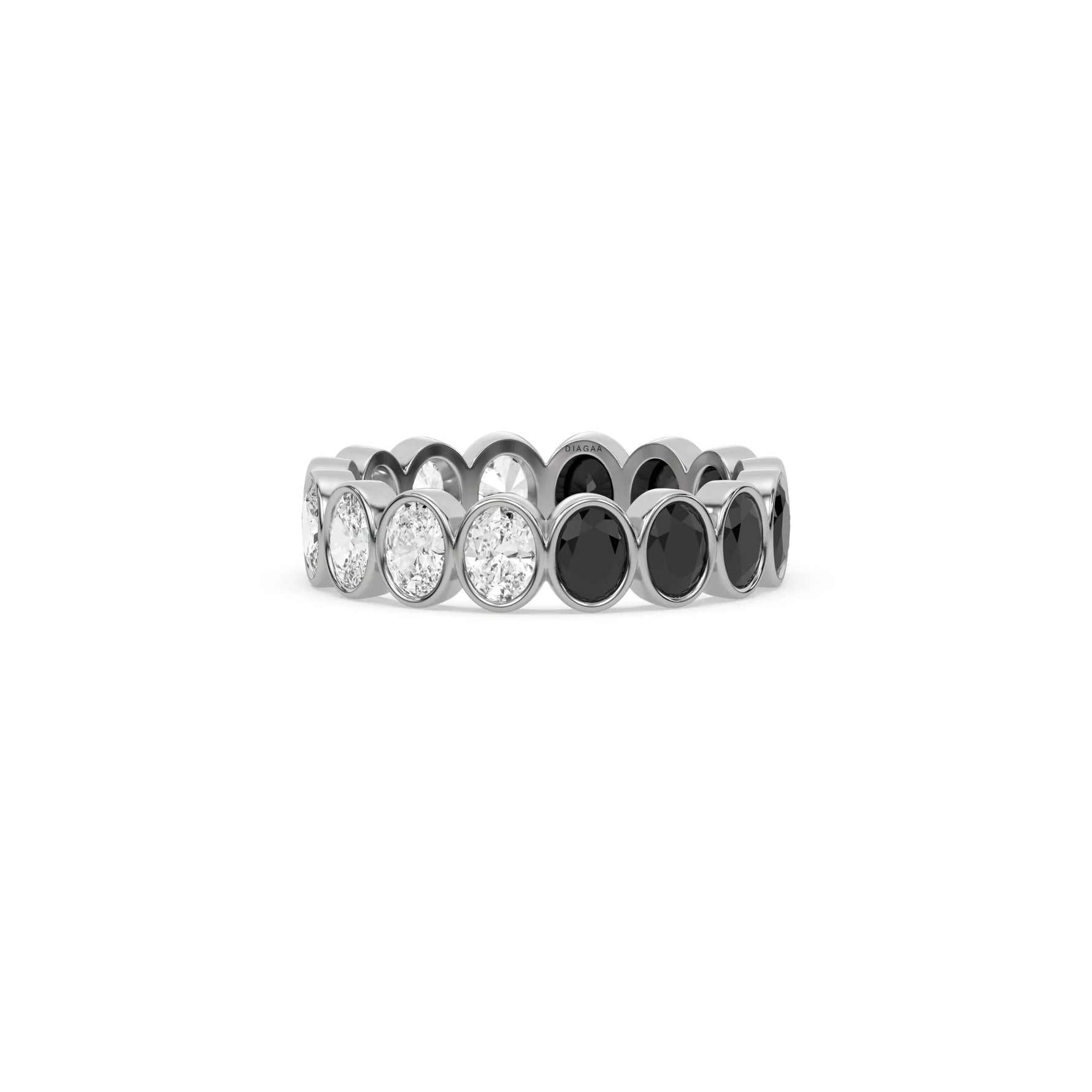 14K White Gold Oval Black And White Diamond Bezel Setting Full Eternity Ring