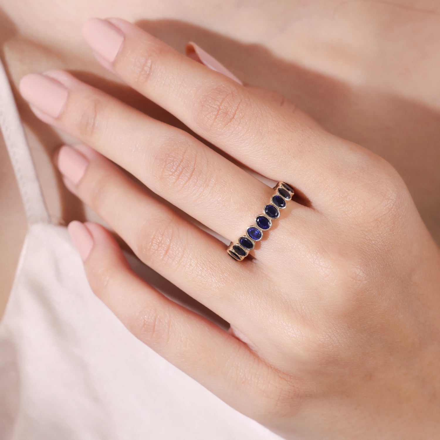 Oval Cut Natural Blue Sapphire Eternity Wedding Band