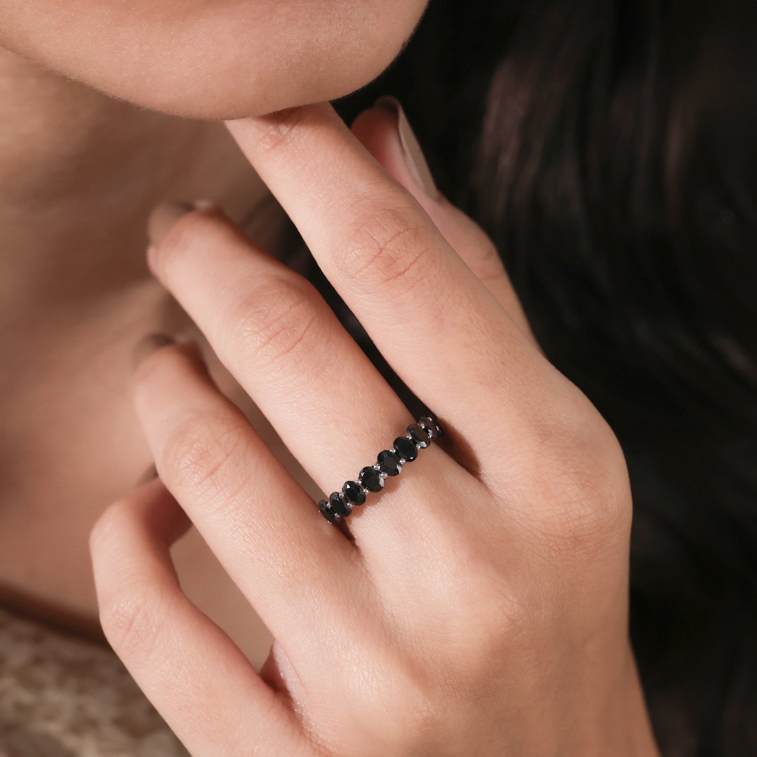 0.90 CT Oval Natural Black Diamond Eternity Ring