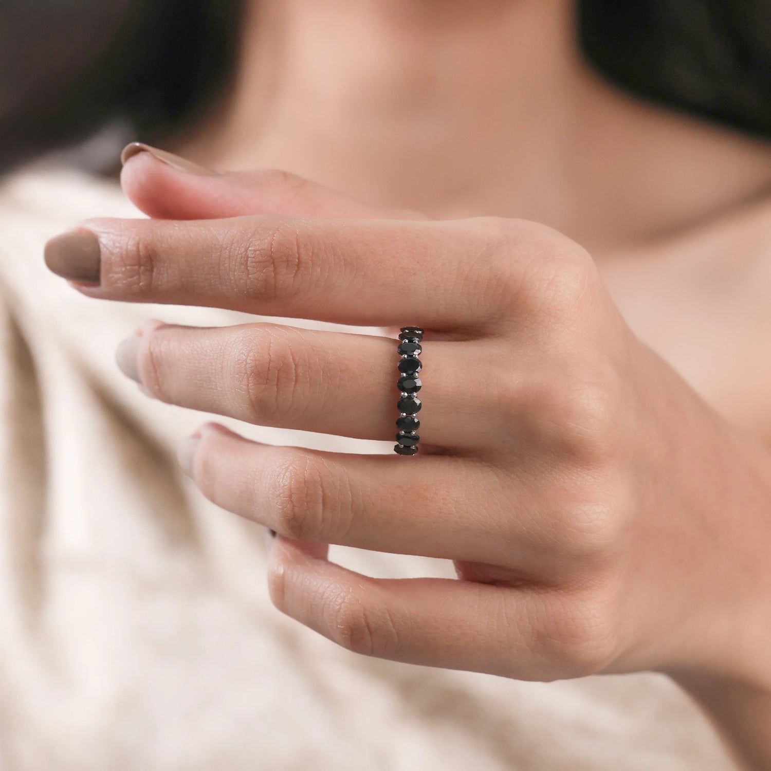 1.17 CT Oval Natural Black Diamonds Half Eternity Ring