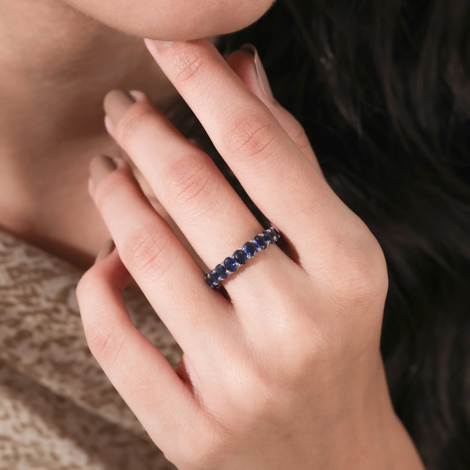 Oval Cut Lab Created Blue Sapphire Half Eternity Rings For Her