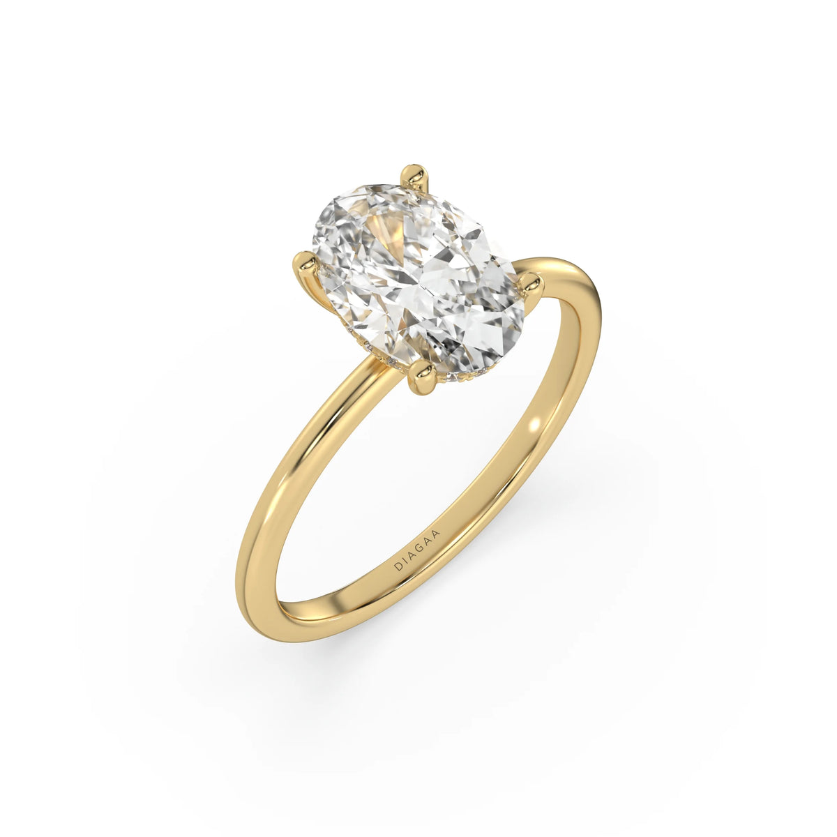 Yellow gold hidden halo engagement ring with an oval diamond in a classic solitaire setting