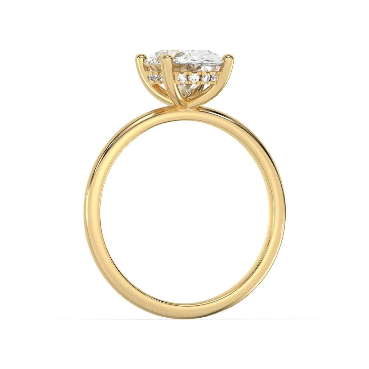 Side view of a yellow gold hidden halo ring with an oval diamond solitaire setting ring