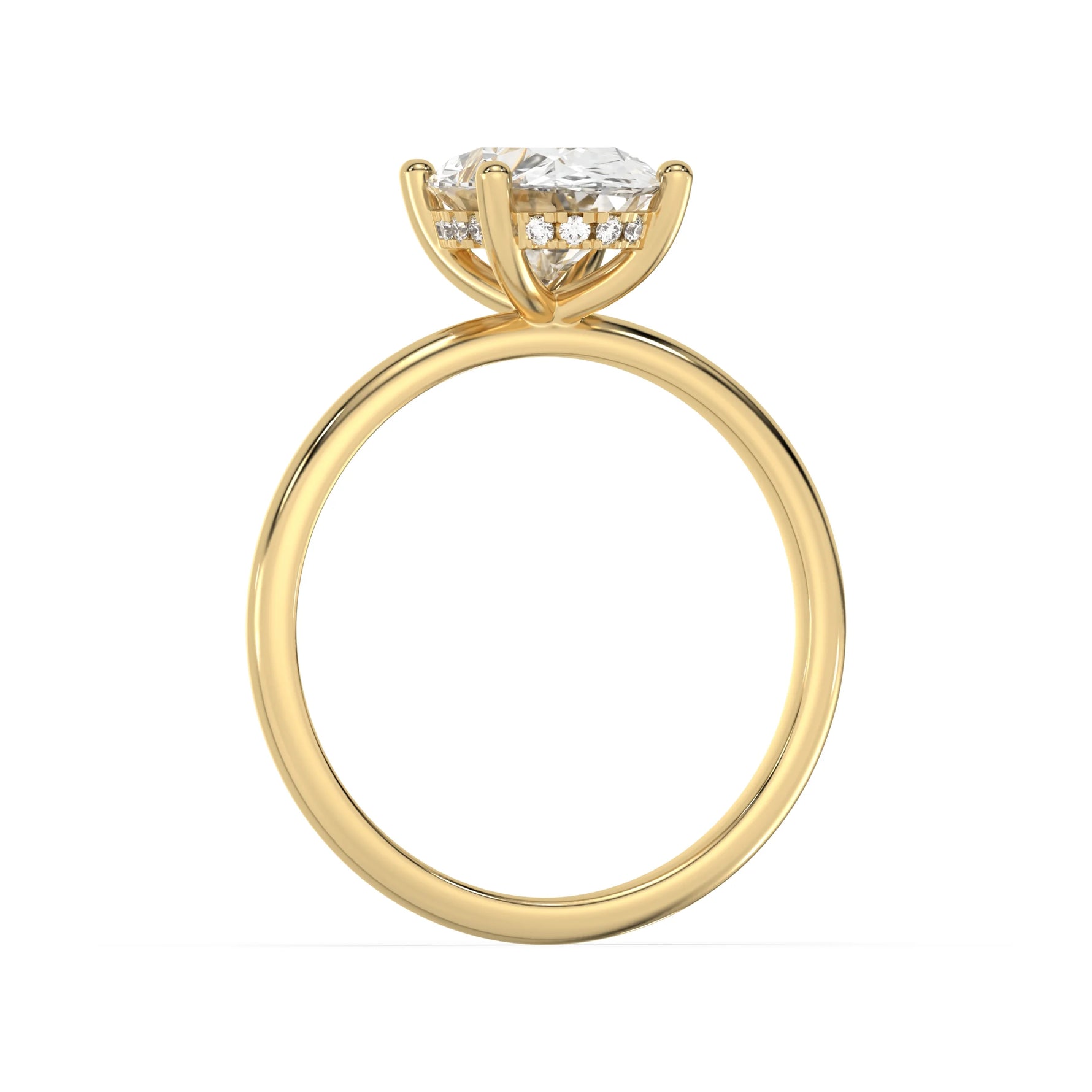 Side view of a yellow gold hidden halo ring with an oval diamond solitaire setting ring