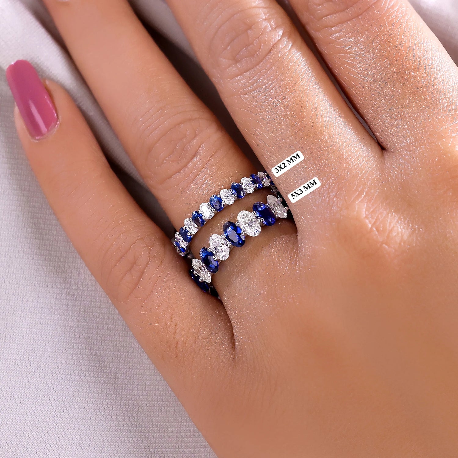 Oval Lab Blue Sapphire and Lab Grown Diamond Alternating Half Eternity Band