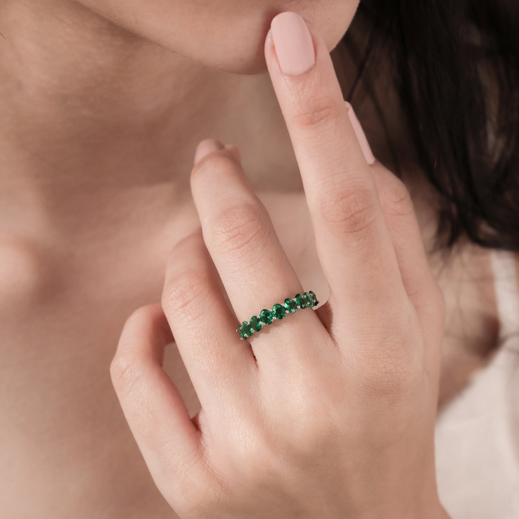 Oval Cut 10K Gold Emerald Gemstone Half Eternity Ring