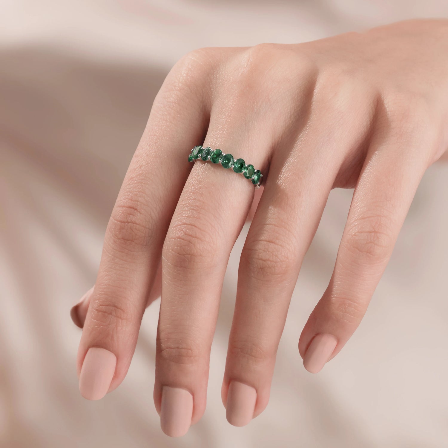 Oval Cut Full Emerald Gemstone Half     Eternity Ring