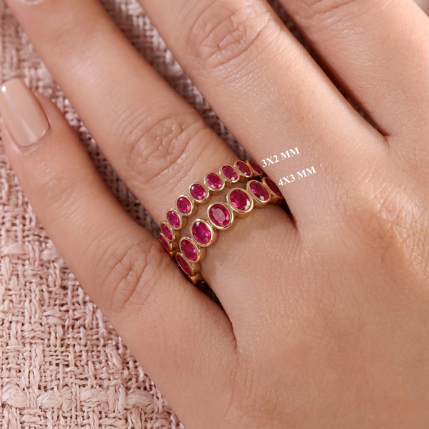 Oval Natural Ruby Gemstone Bezel Set Gold Eternity Band