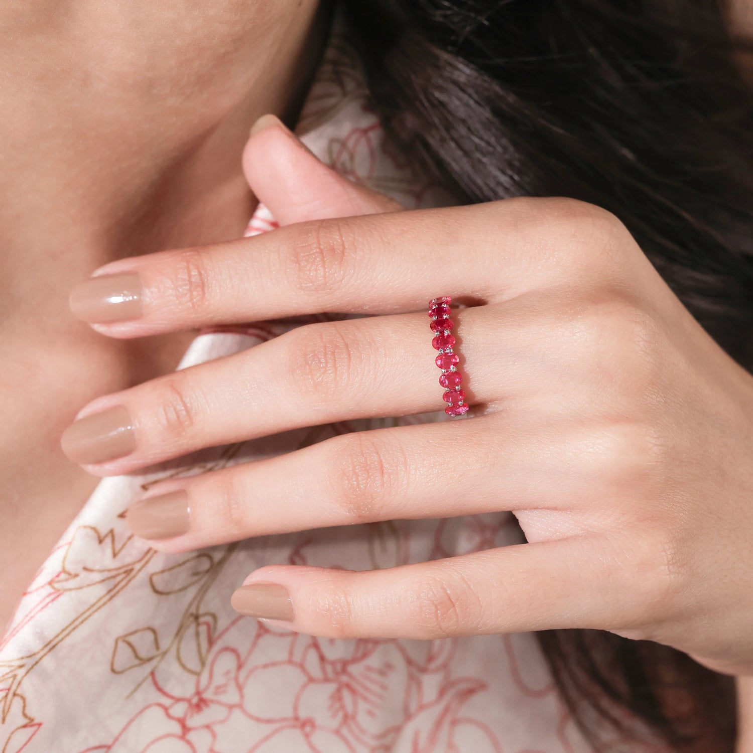 1.17 CT Oval Lab Ruby Half Eternity Ring