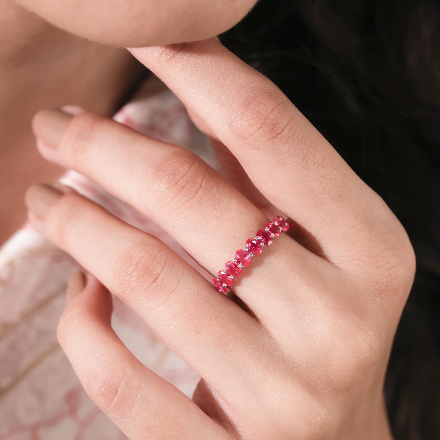 Oval Cut Lab Created Ruby Gemstone Half Eternity Band For Women's