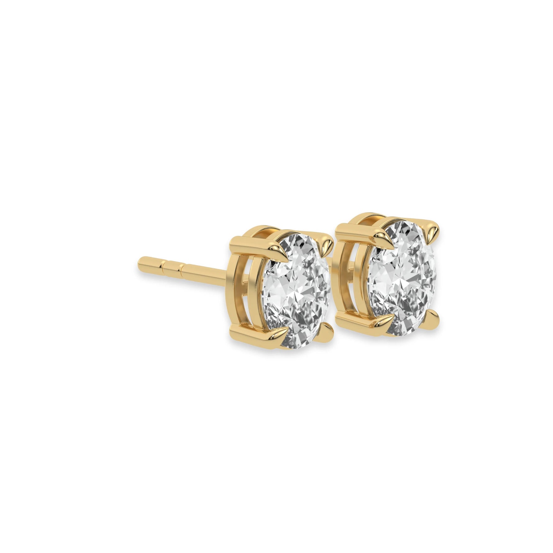 This yellow gold Classic Oval Diamond Earrings made with an oval-cut diamonds set in a four prong setting in side view