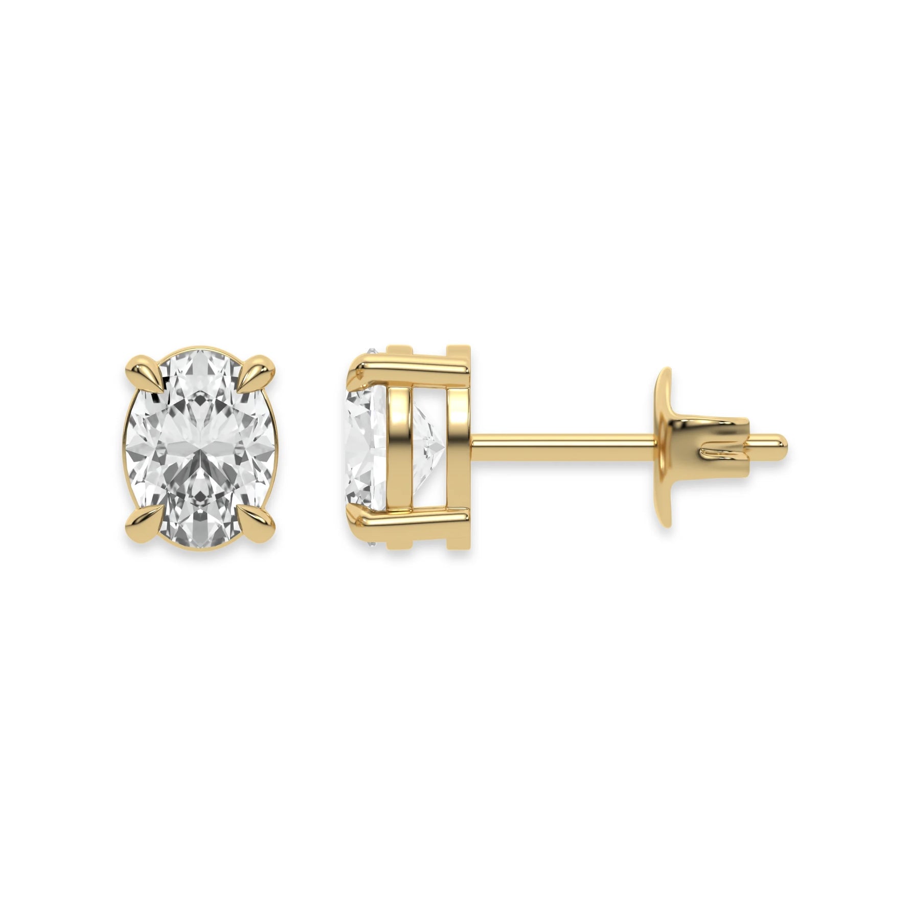 This yellow gold Classic Oval Diamond Earrings made with an oval-cut diamonds set in a four prong setting in top view and side view