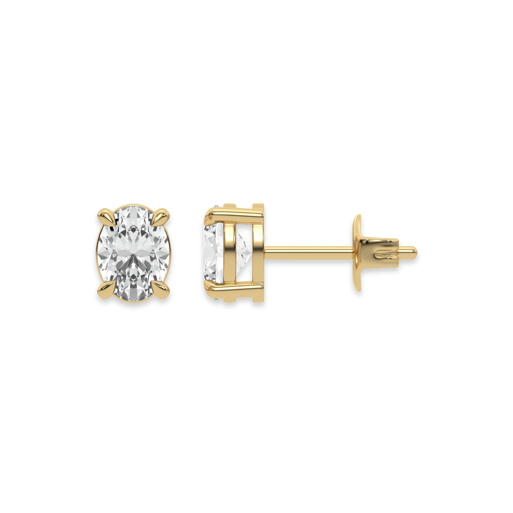 This yellow gold Classic Oval Diamond Earrings made with an oval-cut diamonds set in a four prong setting in top view and side view