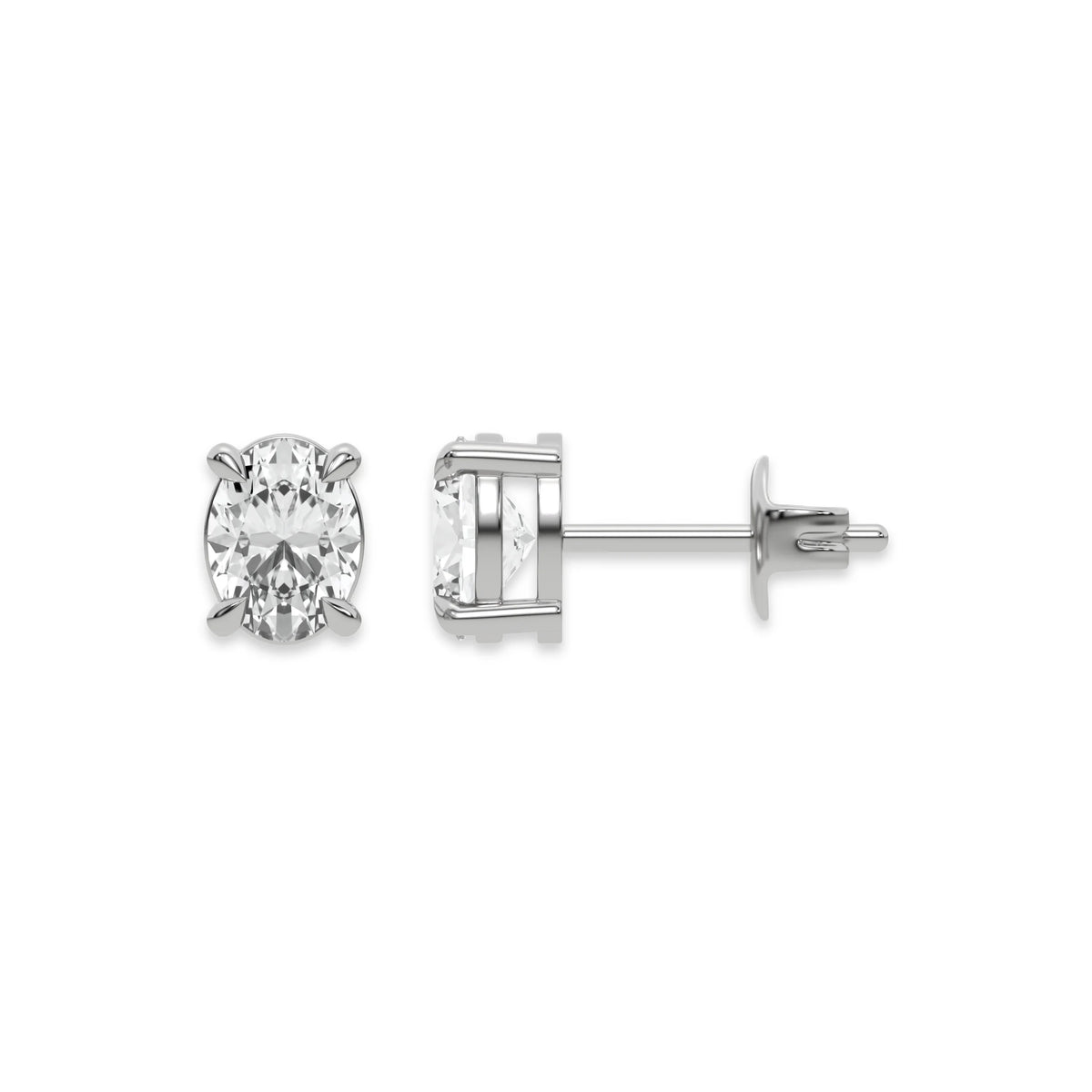 This white gold Classic Oval Diamond Earrings made with an oval-cut diamonds set in a four prong setting in top view and side view