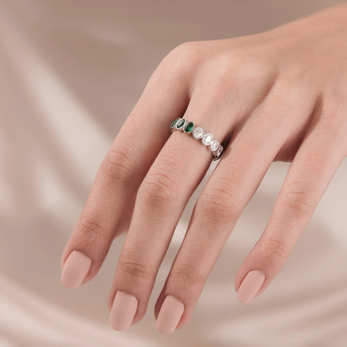 Oval Diamond Emerald Gemstone Bezel Set Full Eternity Ring