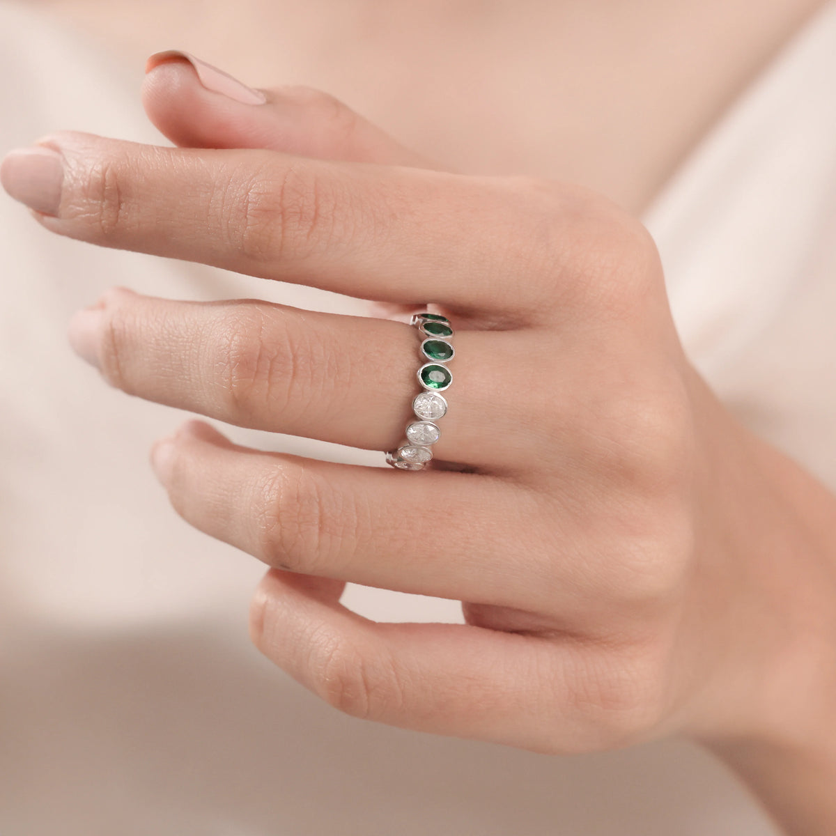 Oval Diamond Half Emerald Gemstone Gold Ring
