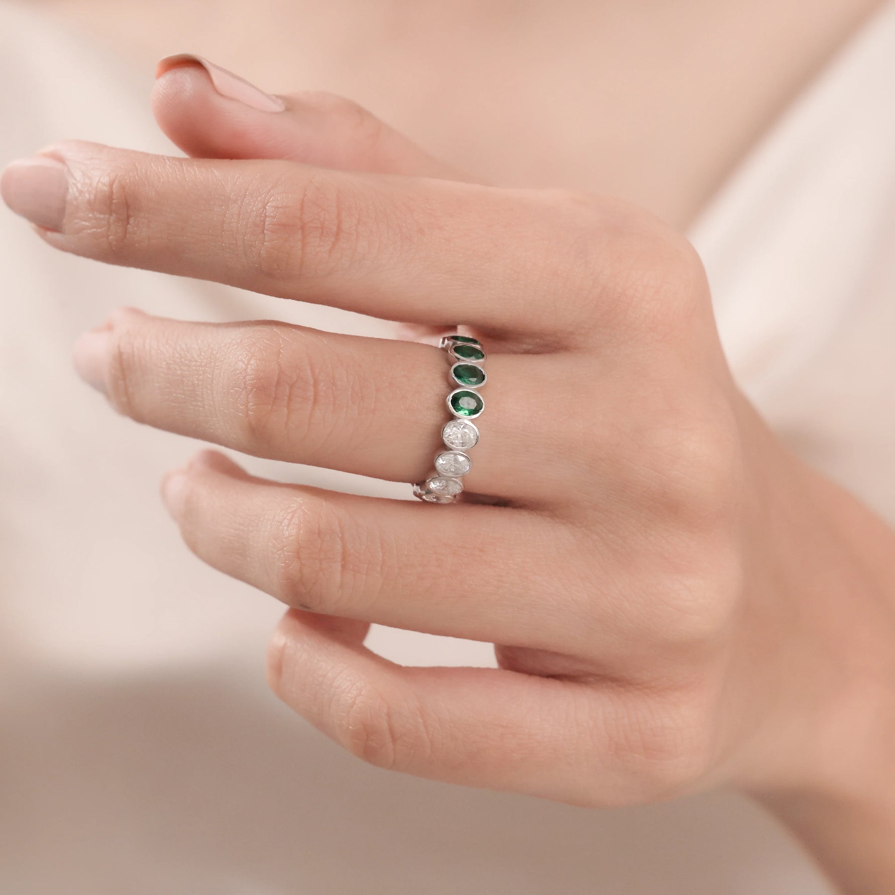 Oval Diamond Half Emerald Gemstone Gold Ring