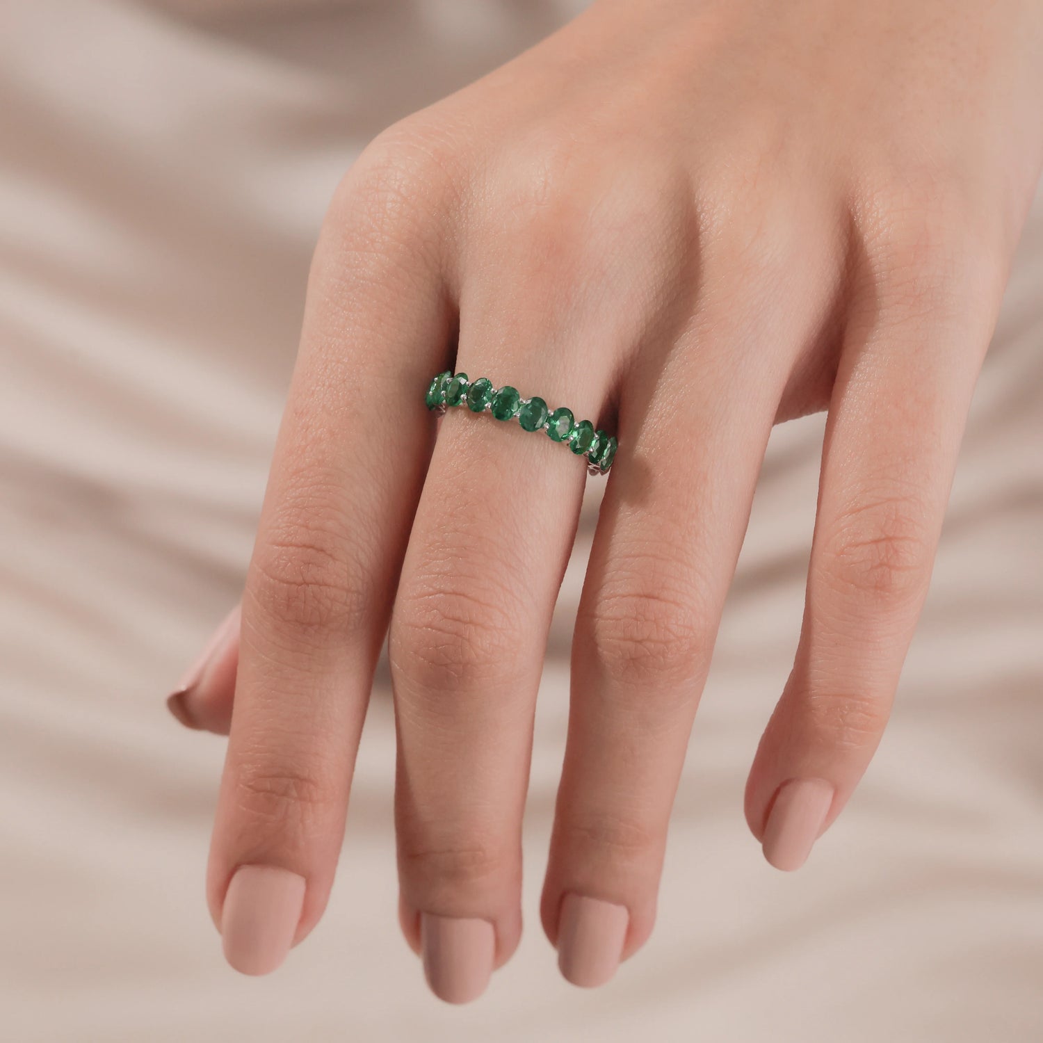 Oval Cut Lab Emerald Gemstone Full Eternity Band