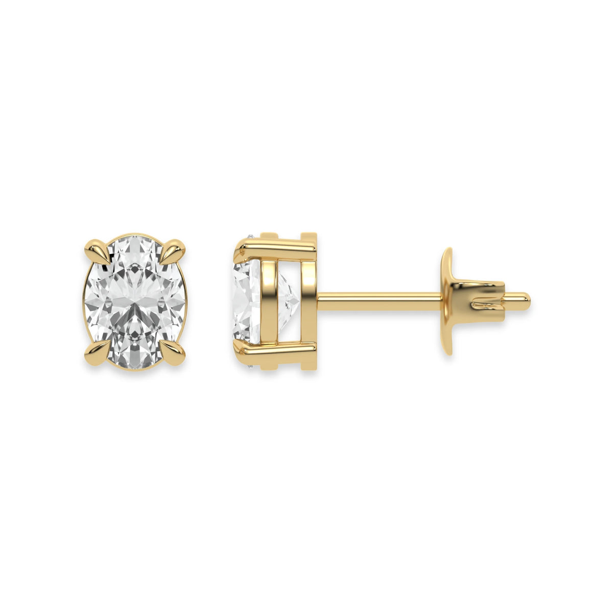 Front and profile view of an oval diamond stud earring crafted in a yellow gold prong setting with a push back post  with white background.