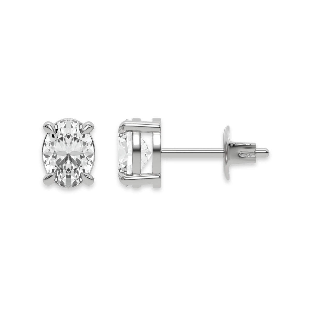 Front and profile view of an oval diamond stud earring crafted in a white gold prong setting with a push back post  with white background.