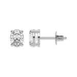 Front and profile view of an oval diamond stud earring crafted in a white gold prong setting with a push back post  with white background.
