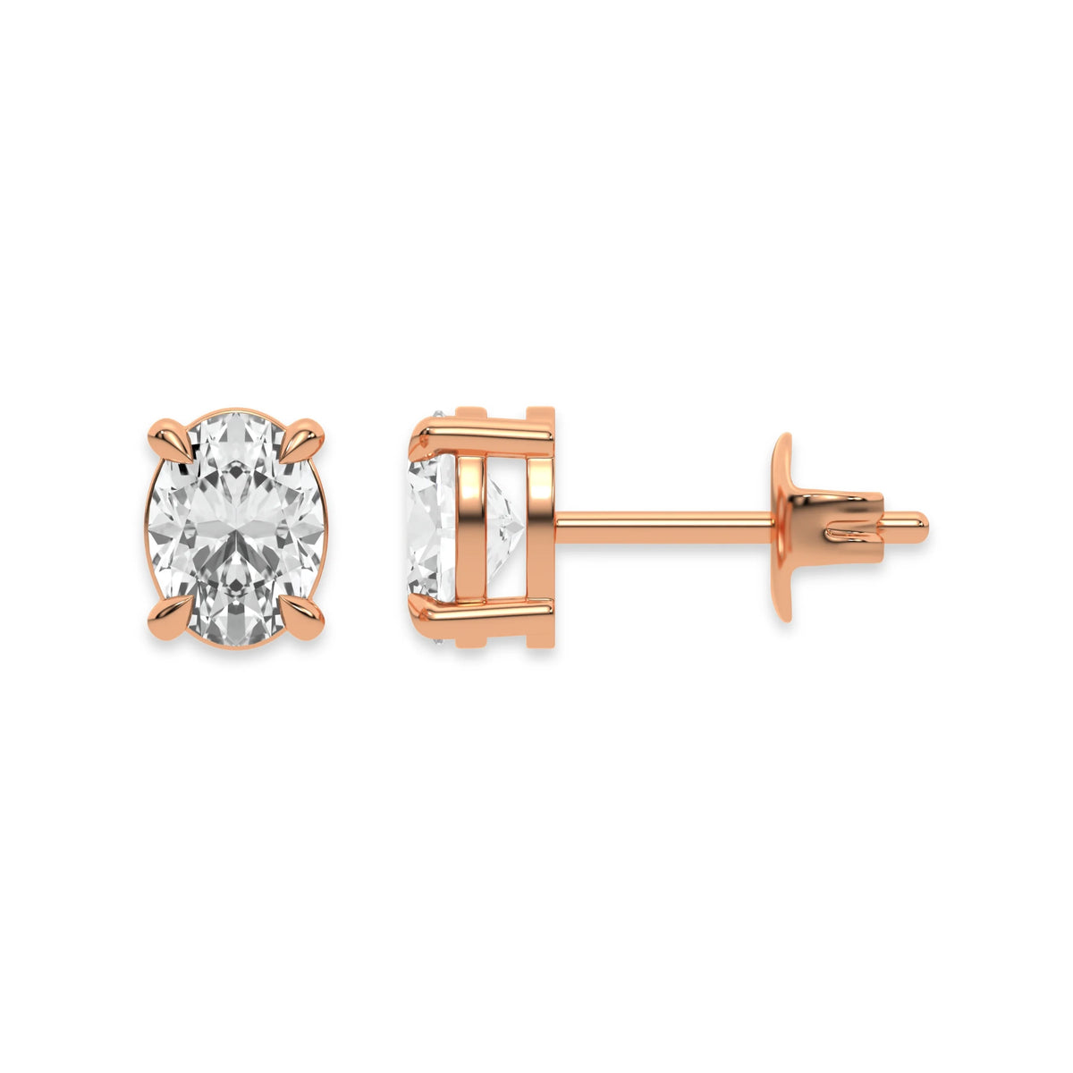 Front and profile view of an oval diamond stud earring crafted in a rose  gold prong setting with a push back post  with white background.