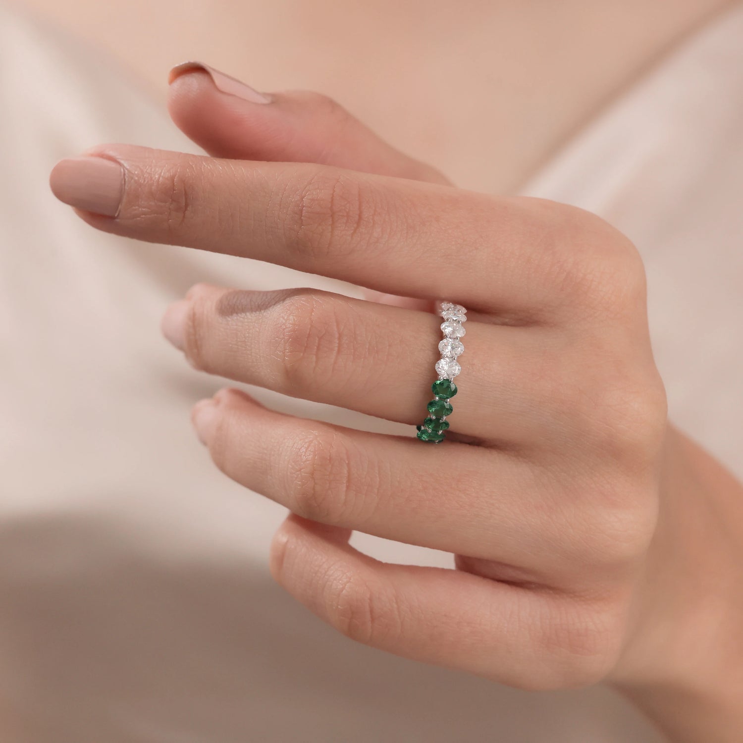 4.20 CT Oval Lab Emerald and Lab Diamond Alternating Full Eternity Ring