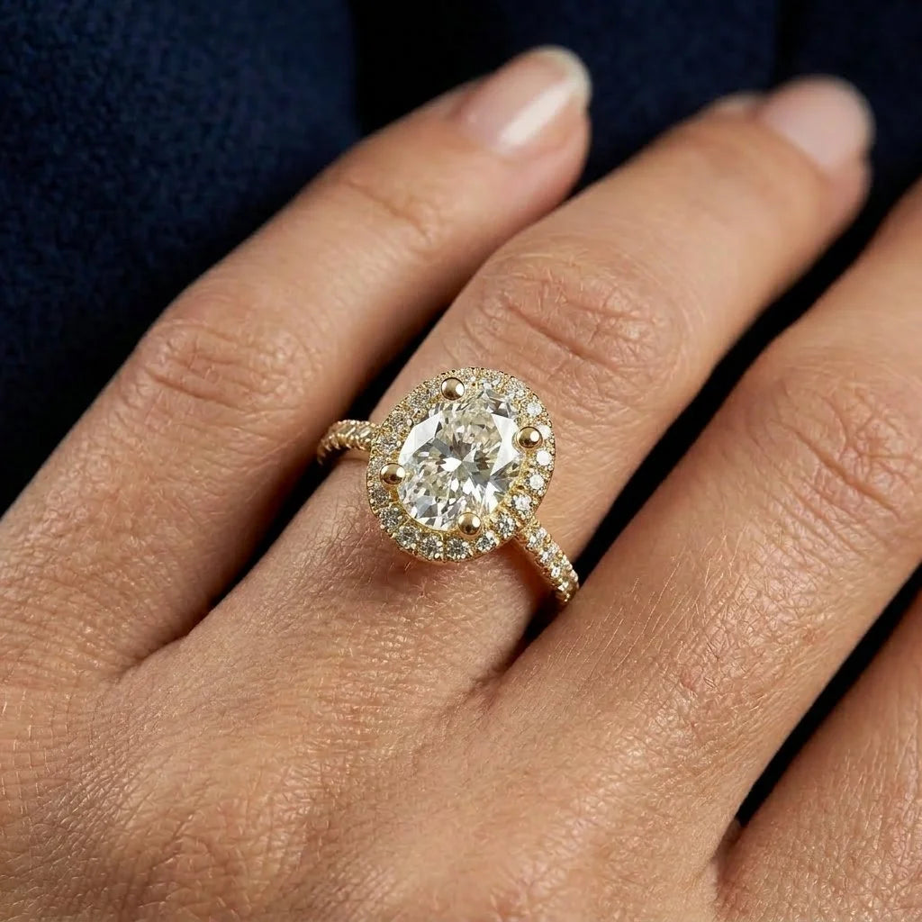 Hand wearing an oval-cut diamond halo engagement ring set in yellow gold with a matching pave band against a dark background.