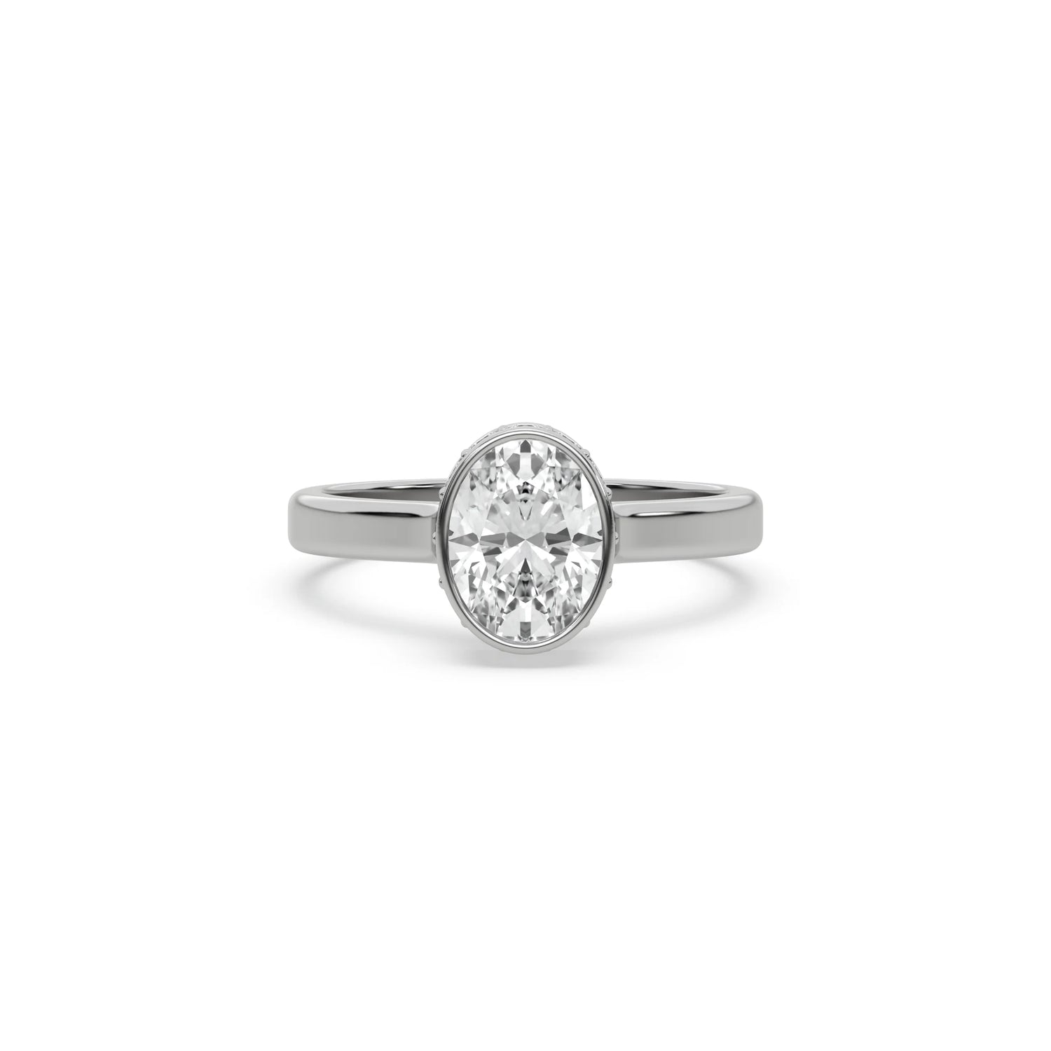 Front view of an oval-cut diamond engagement ring in a white gold bezel setting on a clean white background