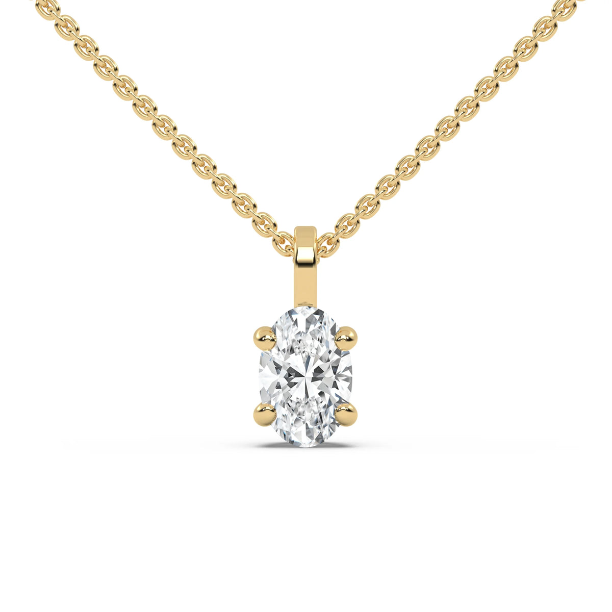 This yellow gold solitaire necklace featuring an oval diamond securely set in four prongs in top view