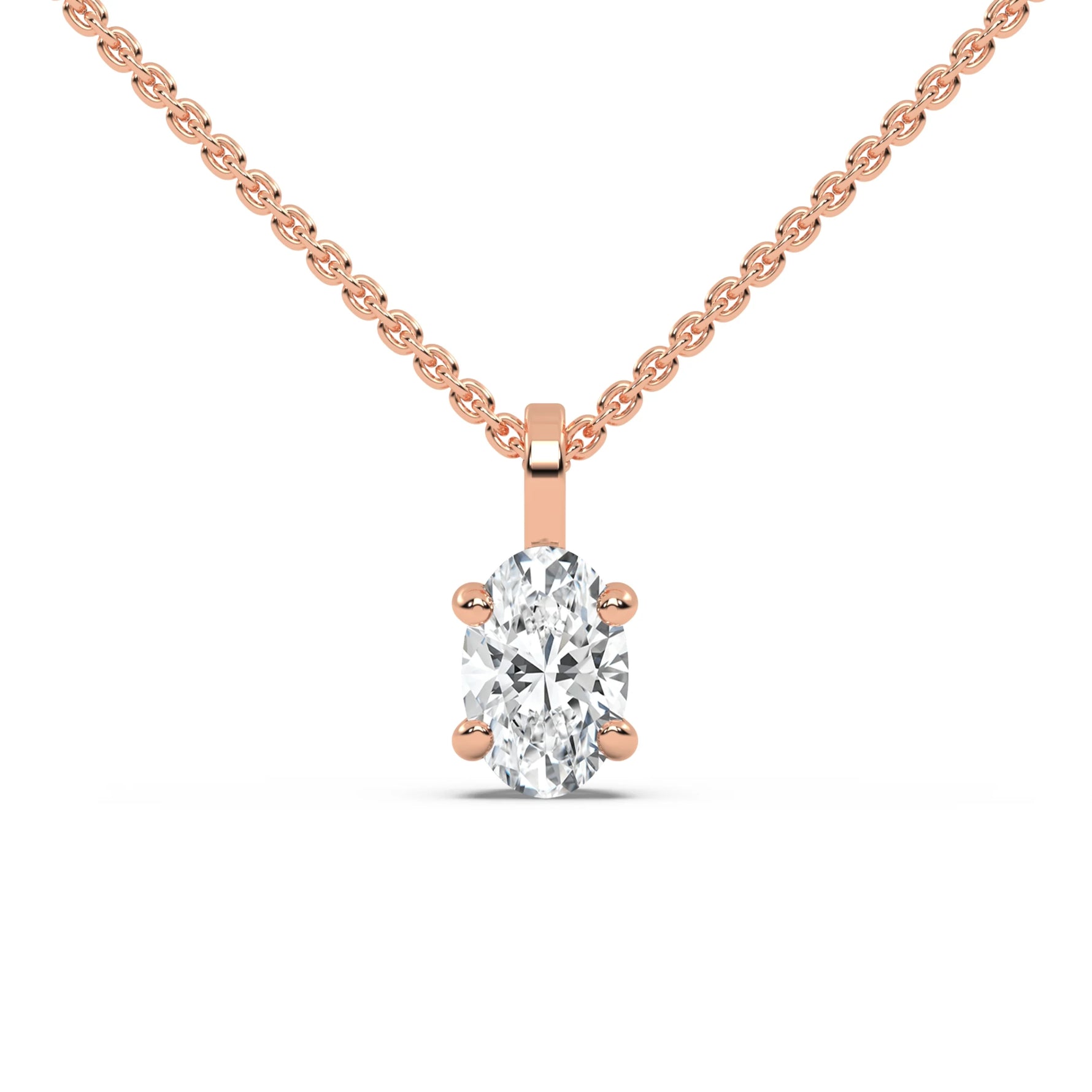 This rose gold solitaire necklace featuring an oval diamond securely set in four prongs in top view