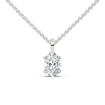 This white gold solitaire necklace featuring an oval diamond securely set in four prongs in top view