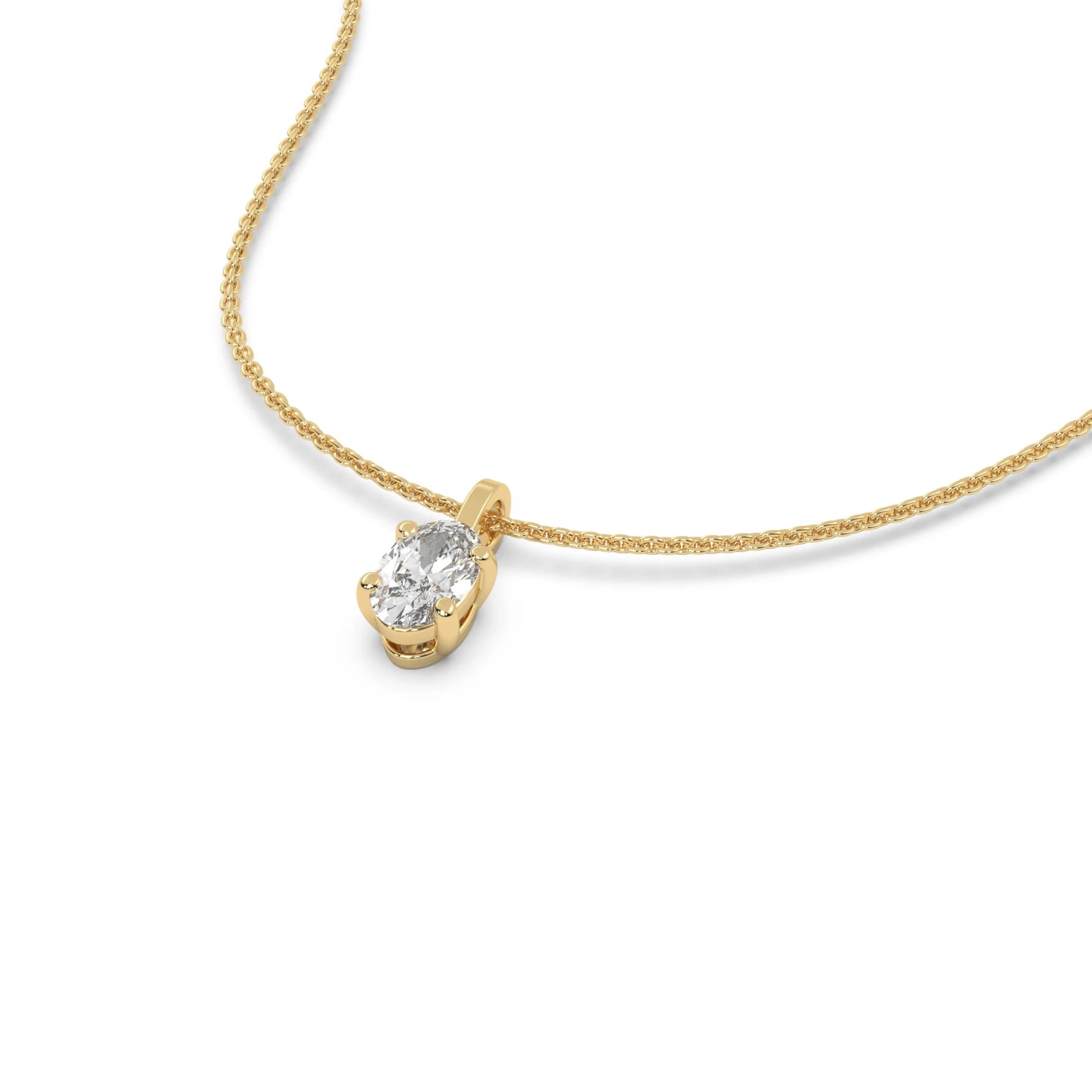 This yellow gold solitaire necklace featuring an oval diamond securely set in four prongs in 3D view