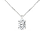 This white gold solitaire necklace featuring an oval diamond securely set in four prongs in top view