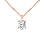 This rose gold solitaire necklace featuring an oval diamond securely set in four prongs in top view